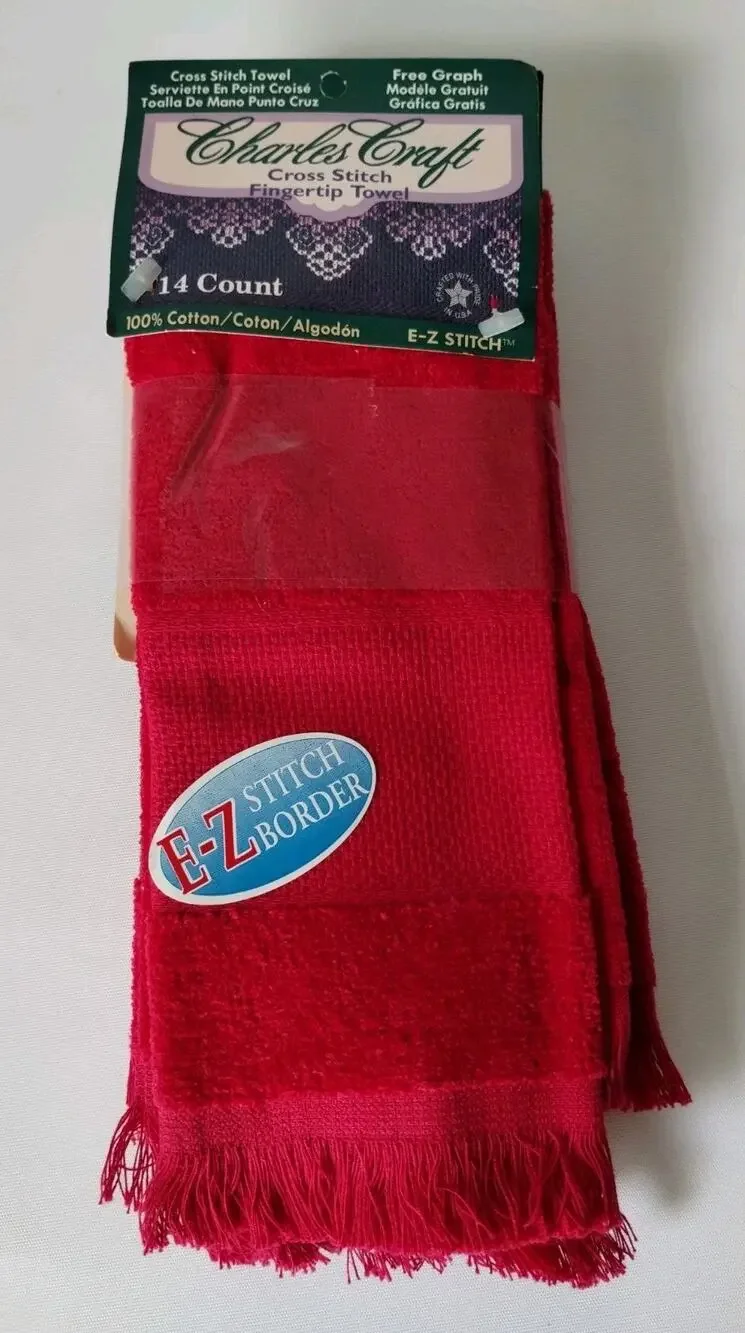 Lot of 3 Charles Craft Cross Stitch Fingertip Towels - Cranberry Red 14 CT